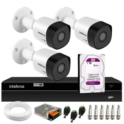Kit 3 Câmeras Bullet Hd 720p Vhd 3130 B G6 3,6mm - 30m Ip67 + Dvr Intelbras Mhdx 1204 4 Canais + Hd 1TB Purple