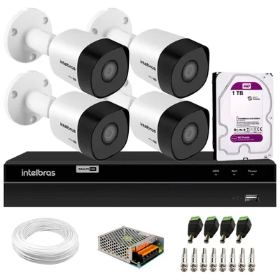 Kit 4 Câmeras Segurança Bullet 720p Vhd 3130 B 30m Ip67 Dvr Intelbras Mhdx 1204 4 Canais 1TB Purple