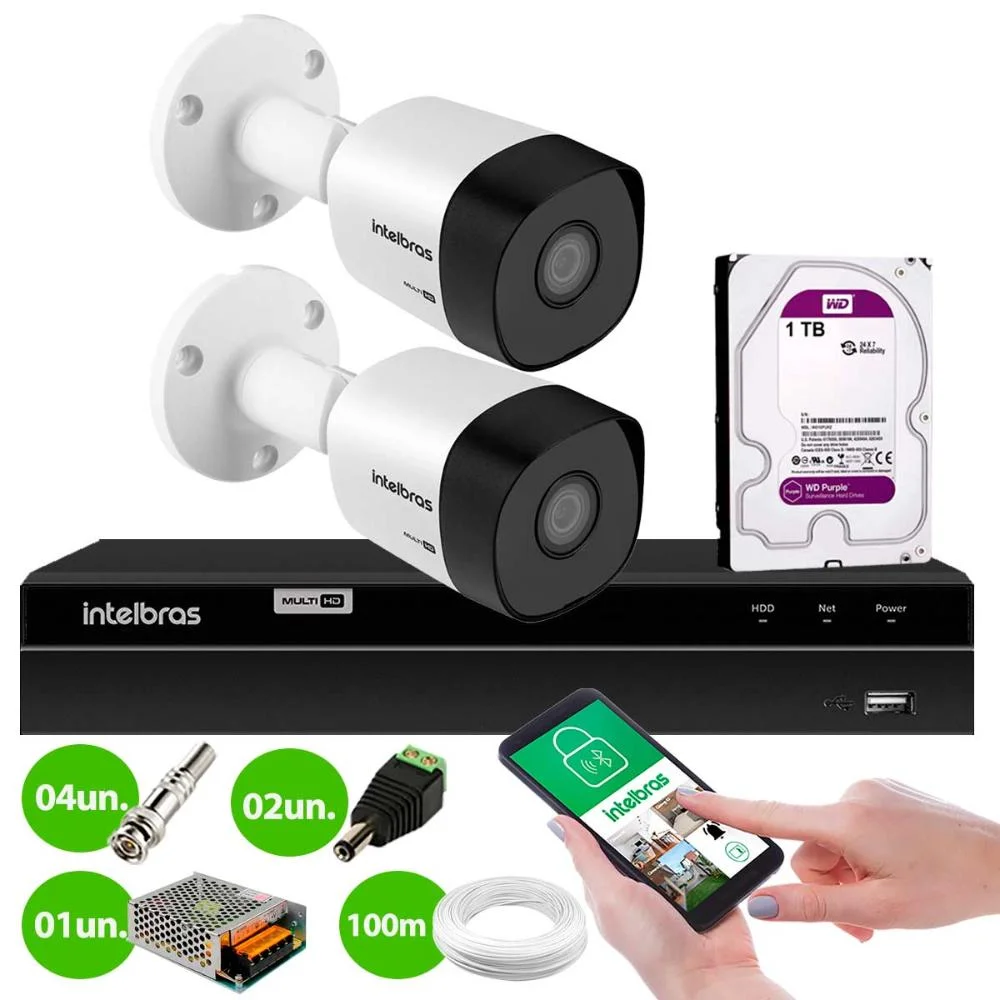 Kit 2 Câmeras Segurança Bullet Hd 720p Vhd 3130 B G6 30m Dvr Intelbras Mhdx 1204 4 Canais 1TB Purple