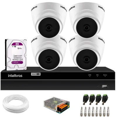 Kit 4 Câmeras Segurança Dome 720p Vhl 1120 D 3.6mm Ir 20 Dvr Intelbras Mhdx 1204 4 Canais 1tb Purple