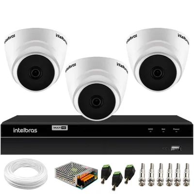 Kit 3 Câmeras Dome Hd 720p Intelbras Vhl 1120 D 3.6mm Ir 20 + Dvr Intelbras Mhdx 1204 4 Canais
