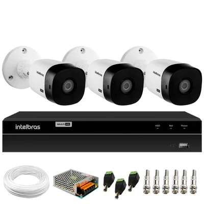 Kit 3 Câmeras Segurança Vhl 1220 B, Full Hd 1080p, Dvr Gravador Intelbras Mhdx 1204, 4 Canais