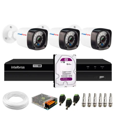 Kit 3 Câmeras Segurança, Full HD 1080p, 20m - Tudo Forte e DVR Gravador Intelbras MHDX 1204, 4 Canais, 1TB