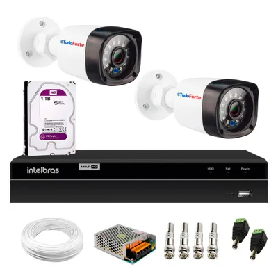 Kit - 2 Câmeras Segurança Full HD, 1080p, 20M + DVR Gravador Intelbras MHDX 1204 4 Canais + 1TB