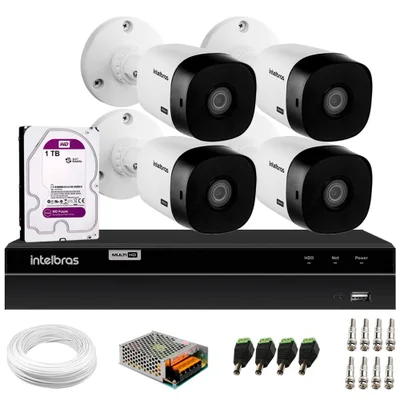 Kit - 4 Câmeras Segurança VHL 1220 B, Full HD 1080p, Bullet + DVR Intelbras MHDX 1204 4 Canais + 1TB Purple