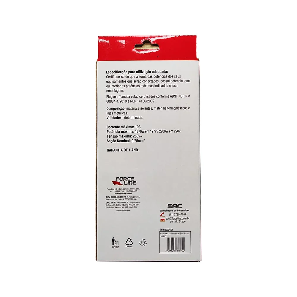 Imagem 5 de 5 do produto Extensão Force Line 10 Metros Slim 3 Tomadas Tripolar - 0180200316
