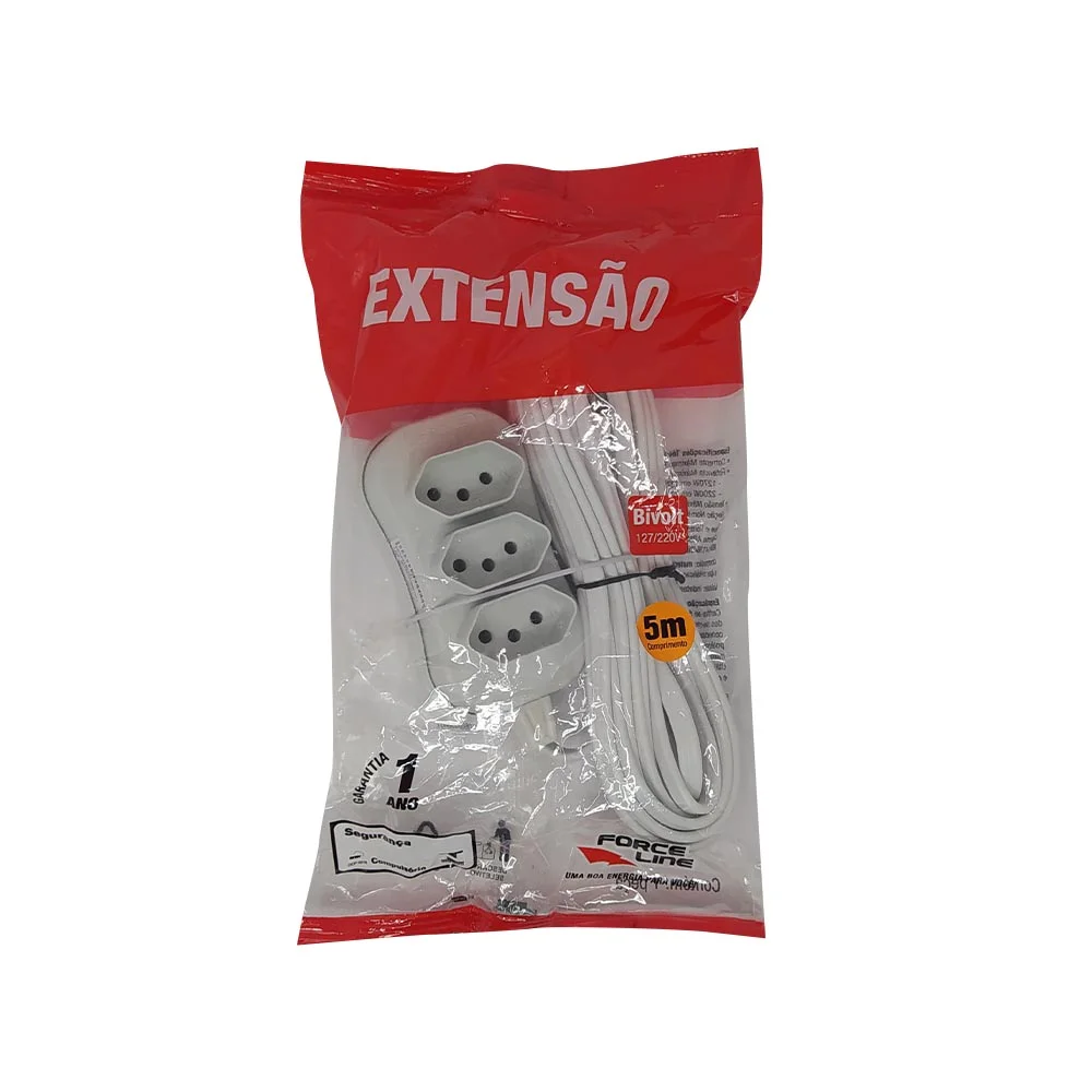 Imagem 2 de 3 do produto Extensão Elétrica Filtro De Linha 3 Tomadas Bivolt 5 Metros 2200w E 220v Force Line 0180200251