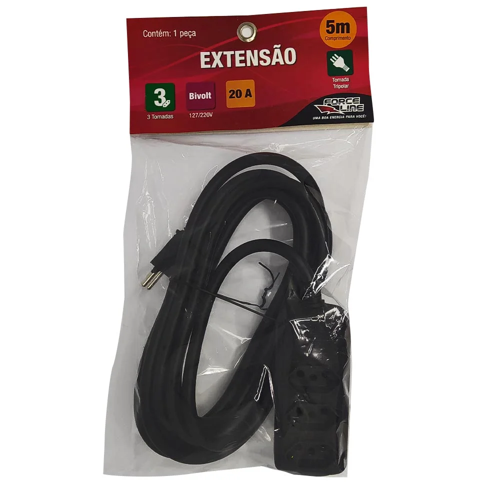 Extensão 5 Metros 3tom 20a Bivolt Force Line 0180200333 Extensão 5 Metros 3tom 20a Bivolt Force Line 0180200333