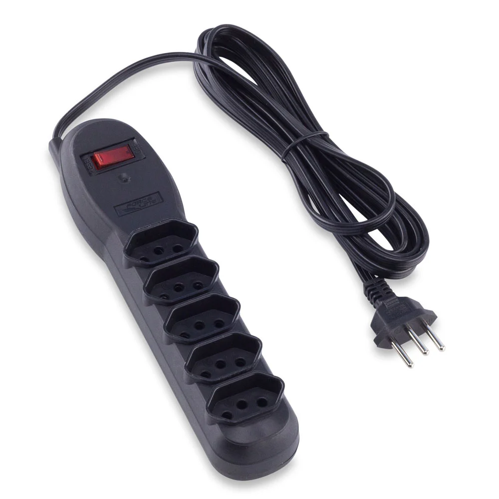 Régua Extensão Elétrica 6 Tomadas Filtro Linha 10a Cabo 5 Metros Preto 127/220v