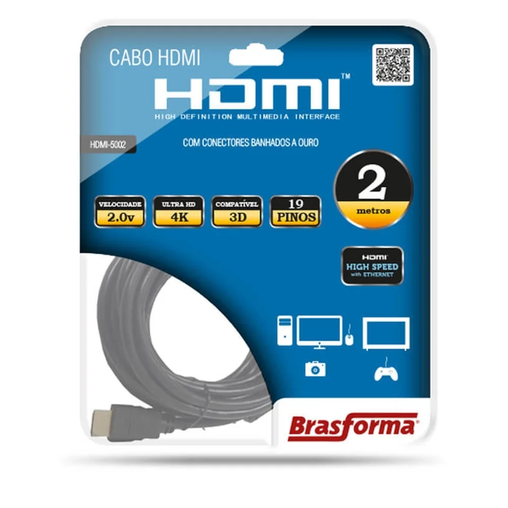 Imagem 3 de 5 do produto Cabo HDMI De Alta Definição 2.0, Com 2 Mts, Brasforma - HDMI-5002