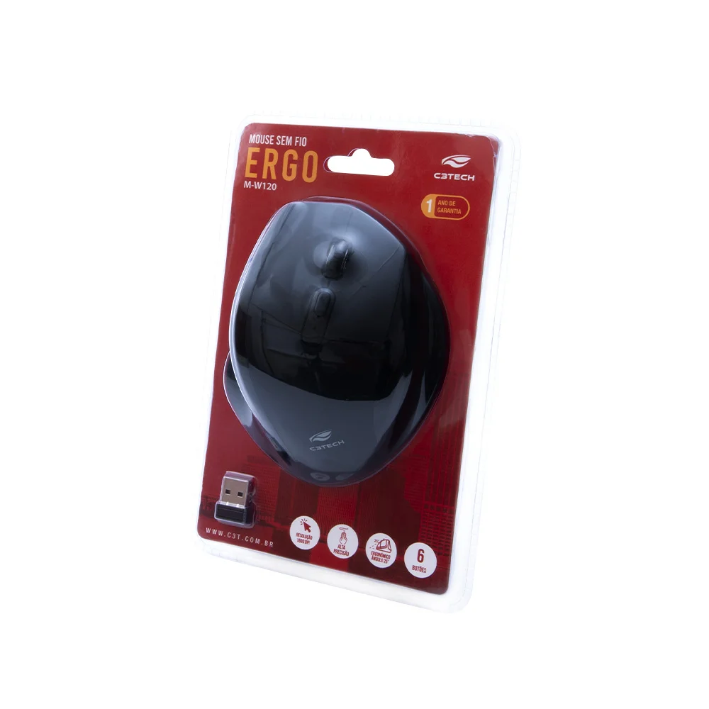 Imagem 5 de 5 do produto Mouse Sem Fio Ergo, 1600 DPI, Preto, C3tech - M-W120BK