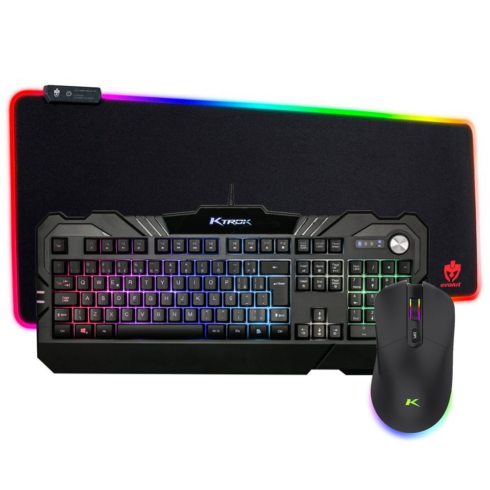 Teclado, Mouse e Mousepad Sem Fio Semi Mecânico, USB e Wireless, ABNT2, Preto, RGB