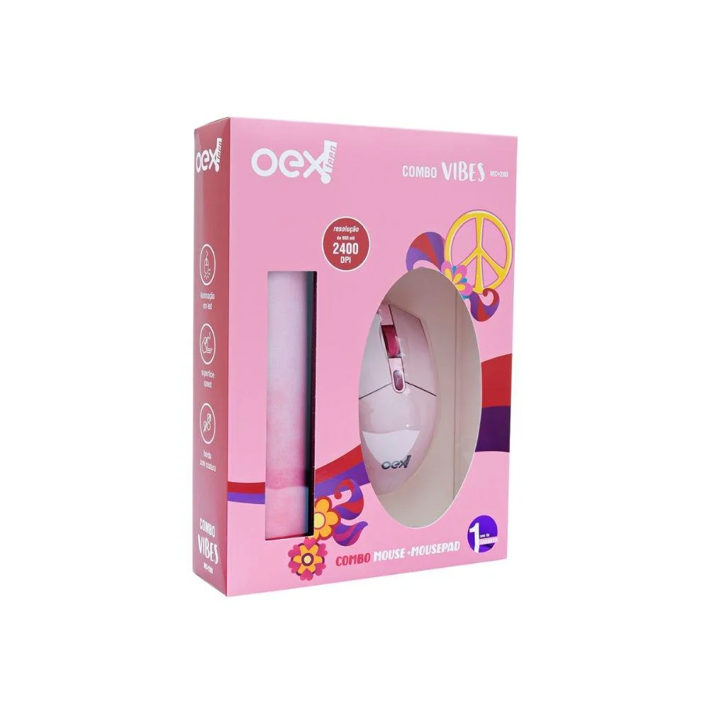 Imagem 3 de 5 do produto Kit Oex Vibes Com Mouse, 2400 DPI + Mousepad, 32 x 24cm, Rosa- Mc200