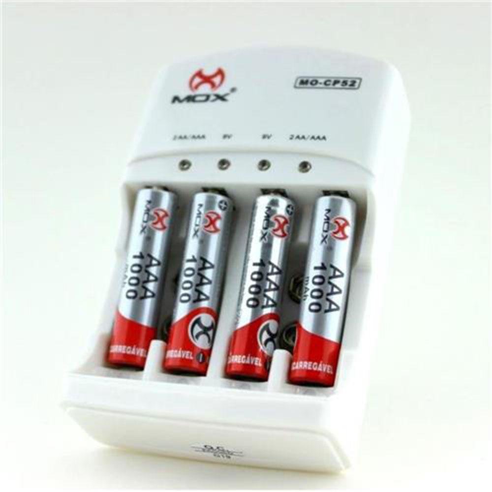 Carregador Com 4 Pilhas Aaa 1000 Mah Recarregáveis Mox Mo Cp52 Desligamento Automático