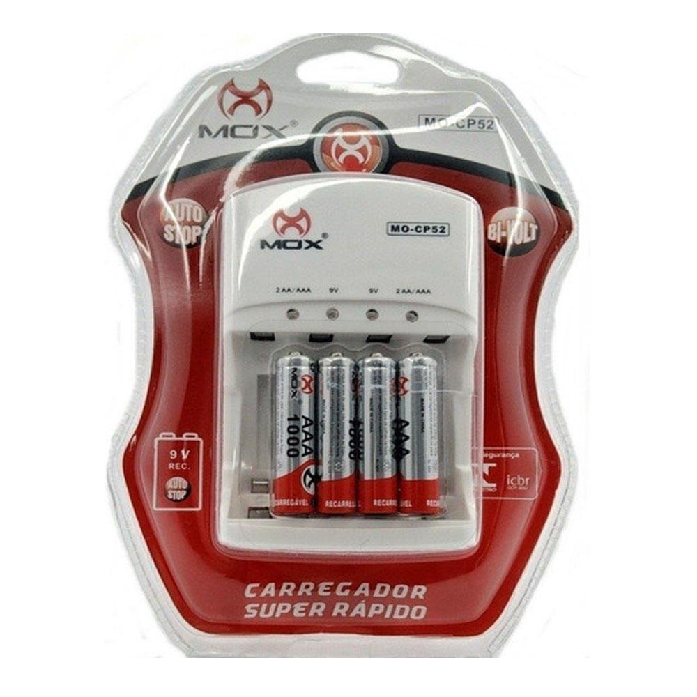 Carregador Com 4 Pilhas Aaa 1000 Mah Recarregáveis Mox Mo Cp52 Desligamento Automático E Led Carregador Com 4 Pilhas Aaa 1000 Mah Recarregáveis Mox Mo Cp52 Desligamento Automático E Led
