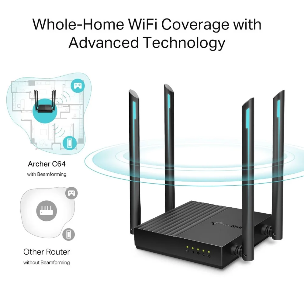 Imagem 2 de 5 do produto Roteador Wireless TP-Link Archer C64, Padrão Ethernet AC, 1267 MBPS,  Bandas duplas 2.4 GHz e 5 GHz, 4 Antenas