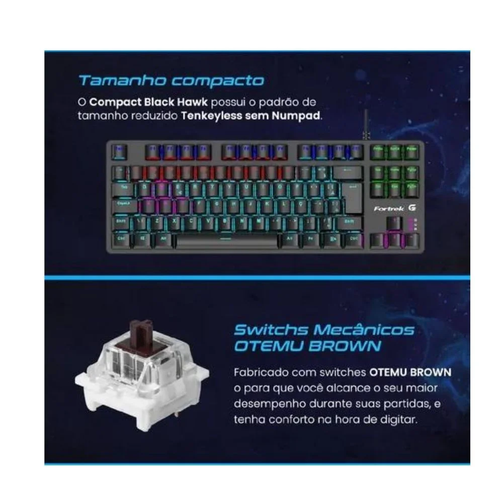 Teclado Mecânico Gamer Fortrek Black Hawk, Preto, Switch Brown, ABNT2, Compact