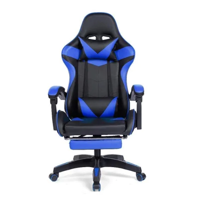Cadeira Gamer Prizi Pz1006e, Até 120kg, Couro PU, Ângulo Ajustável, Descanso de Pé, Com Almofadas, Azul