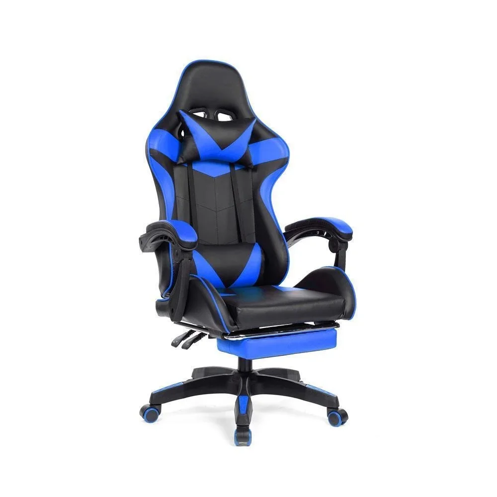 Cadeira Gamer Prizi Pz1006e, Até 120kg, Couro PU, Ângulo Ajustável, Descanso de Pé, Com Almofadas, Azul
