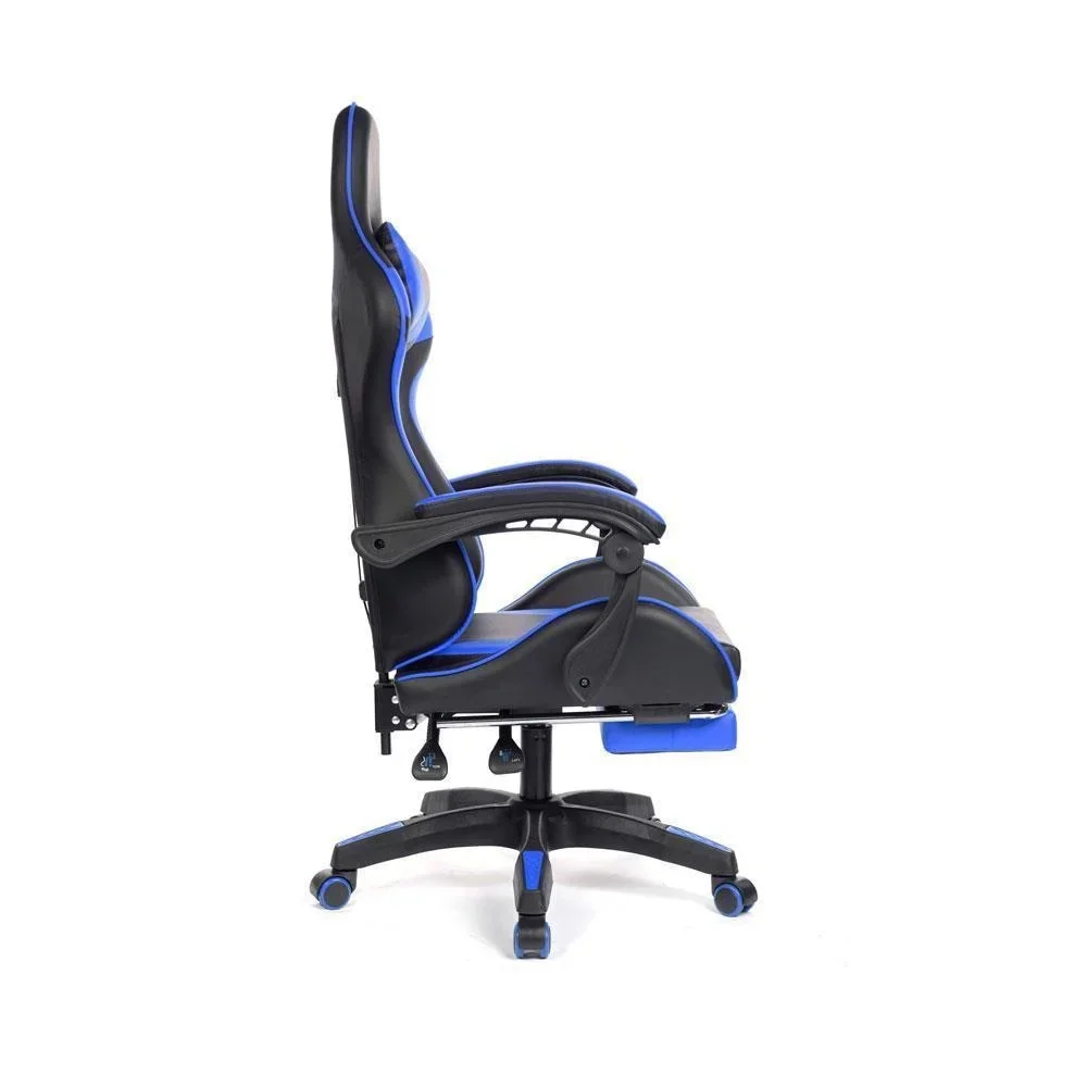 Cadeira Gamer Prizi Pz1006e, Até 120kg, Couro PU, Ângulo Ajustável, Descanso de Pé, Com Almofadas, Azul