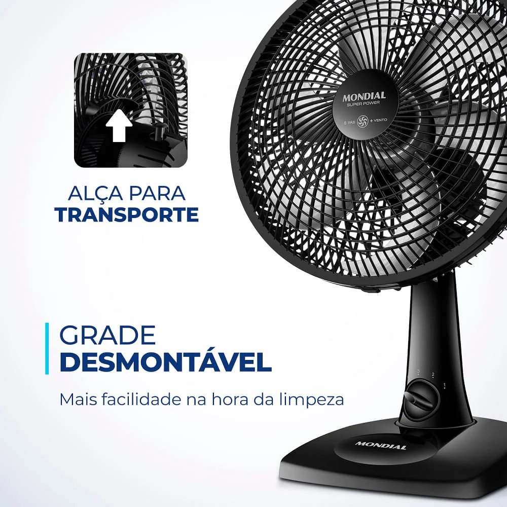 Imagem 3 de 5 do produto Ventilador De Mesa Mondial Super Power, 40cm, 6 Pás, 140W, Preto, 220v - Vsp-40-b