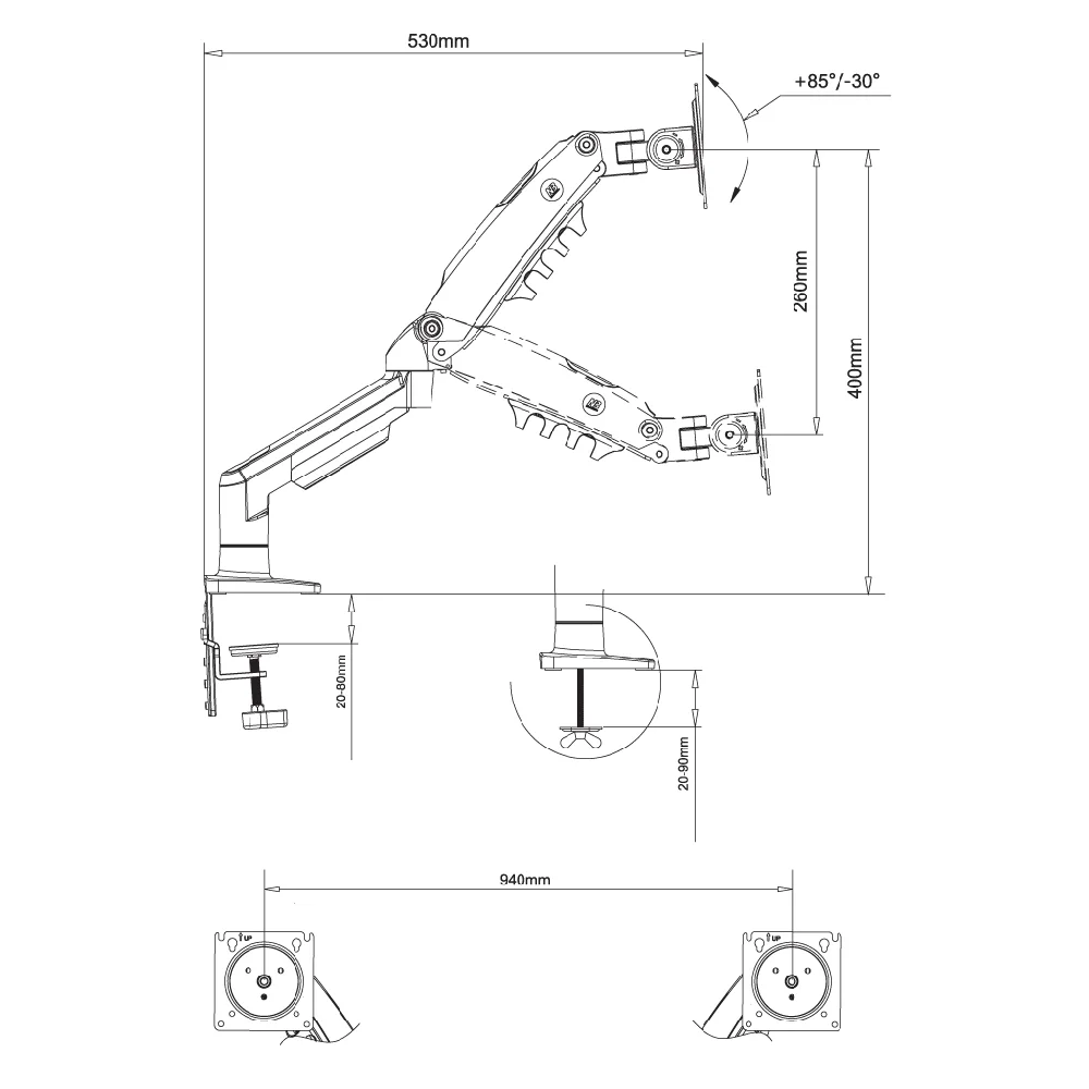 Imagem 5 de 5 do produto Suporte Para 2 Monitores 15 A 27" Articulado, Pistão A Gás, F160 NB