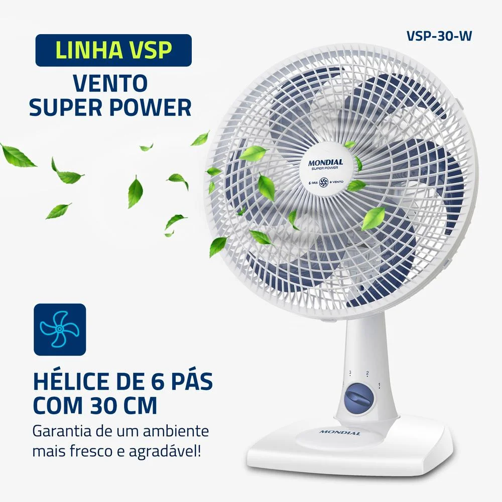 Ventilador De Mesa Mondial Super Power, 30cm, 6 Pás, 60w, Branco e Azul Escuro, 127v - Vsp-30-w Ventilador De Mesa Mondial Super Power, 30cm, 6 Pás, 60w, Branco e Azul Escuro, 127v - Vsp-30-w
