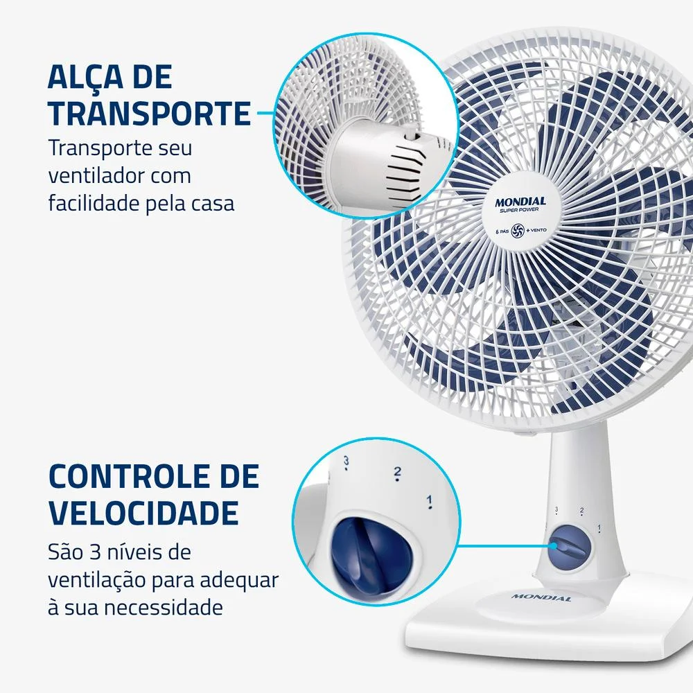 Ventilador De Mesa Mondial Super Power, 30cm, 6 Pás, 60w, Branco e Azul Escuro, 127v - Vsp-30-w Ventilador De Mesa Mondial Super Power, 30cm, 6 Pás, 60w, Branco e Azul Escuro, 127v - Vsp-30-w