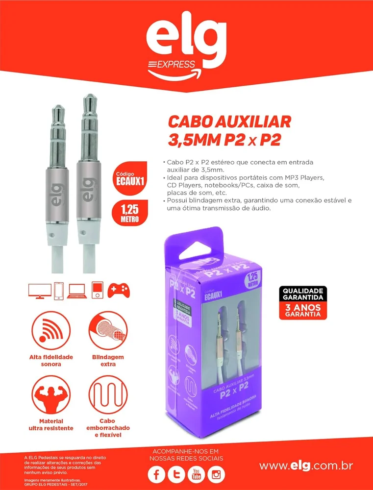 Imagem 5 de 5 do produto Cabo P2 X P2 ELG, Estéreo, 1.25M, Branco - ECAUX1