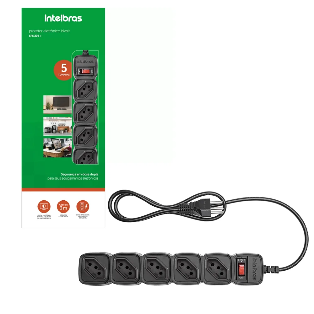 Imagem 3 de 5 do produto Protetor Dps Intelbras Filtro De Linha 5 Tomadas Epe 205+ Bivolt Preto Microdisjuntor - 4824203