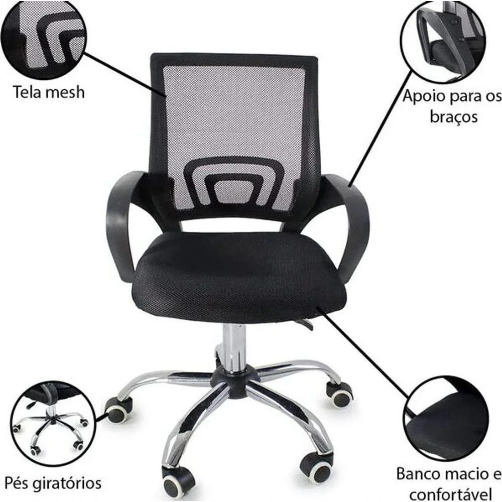 Imagem 4 de 5 do produto Cadeira De Escritório Prizi Essencial, Até 90Kg, Com Base Cromada, Preta