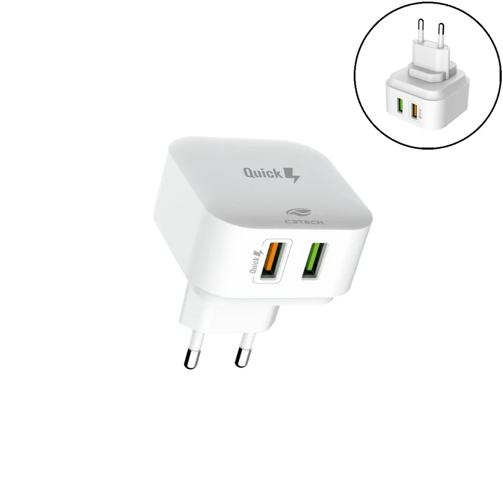 Imagem 3 de 3 do produto Carregador C3tech Ac Usb Universal Bivolt Automatico Com Quick Charge Uc-q230wh Branco