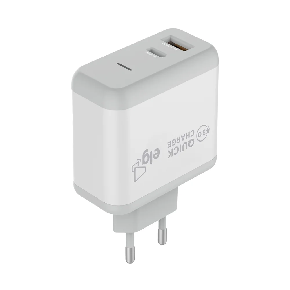 Carregador De Parede Universal, Usb-c Pd 3.0a + Usb-a Qc 3.0 18w, Carga Rápida, Branco, Wc2s-pdqc, Elg