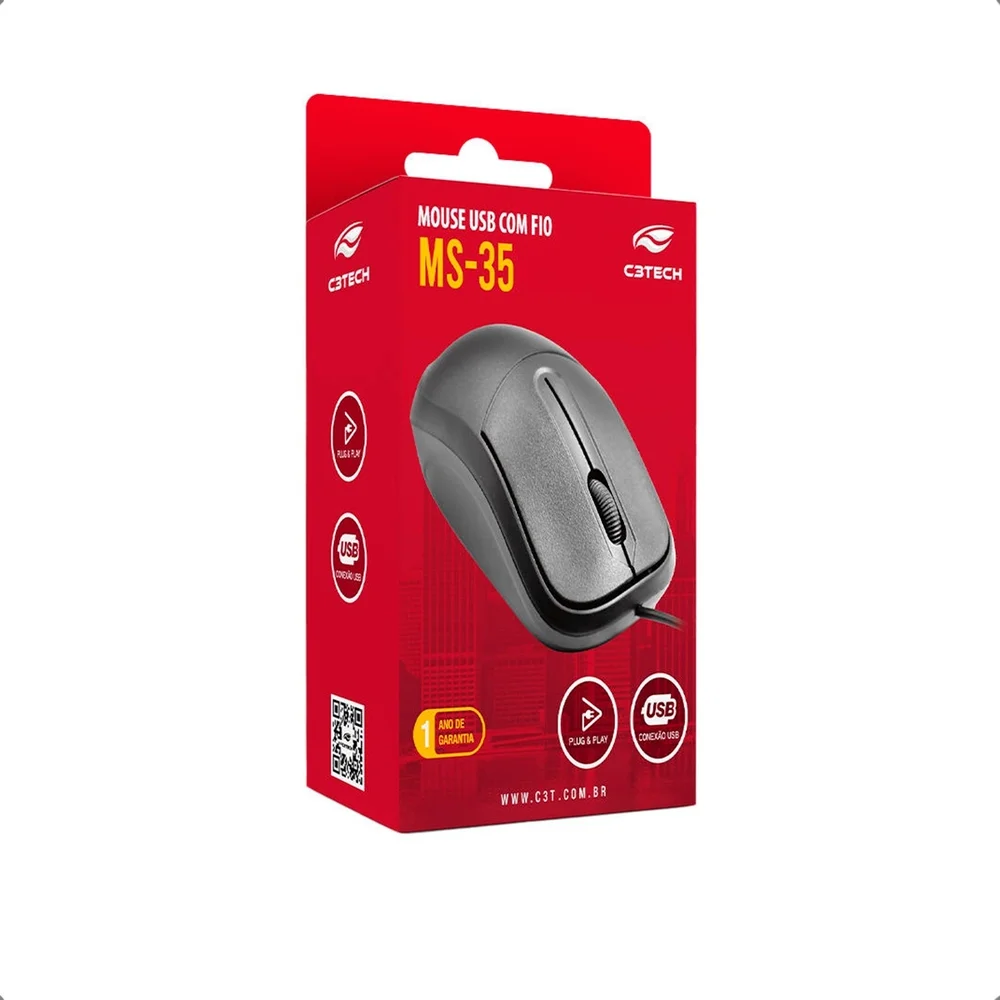 Mouse Básico C3tech Ms-35bk USB 1000DPI C/ Fio, Preto