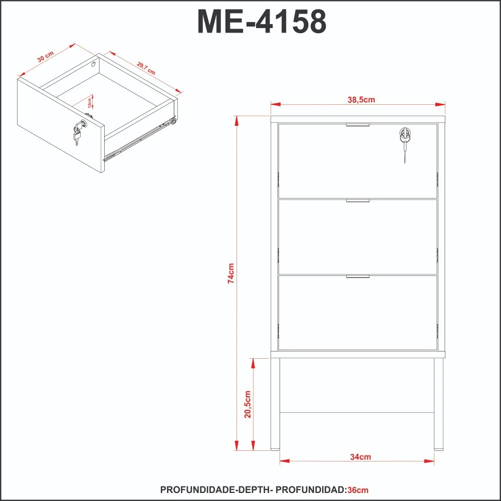 Imagem 3 de 5 do produto Gaveteiro 3 Gavetas Me4158 Tecnomobili