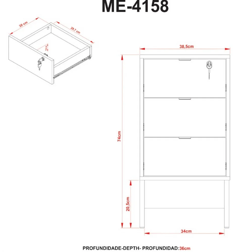 Imagem 4 de 5 do produto Gaveteiro 3 Gavetas Me4158 Tecnomobili