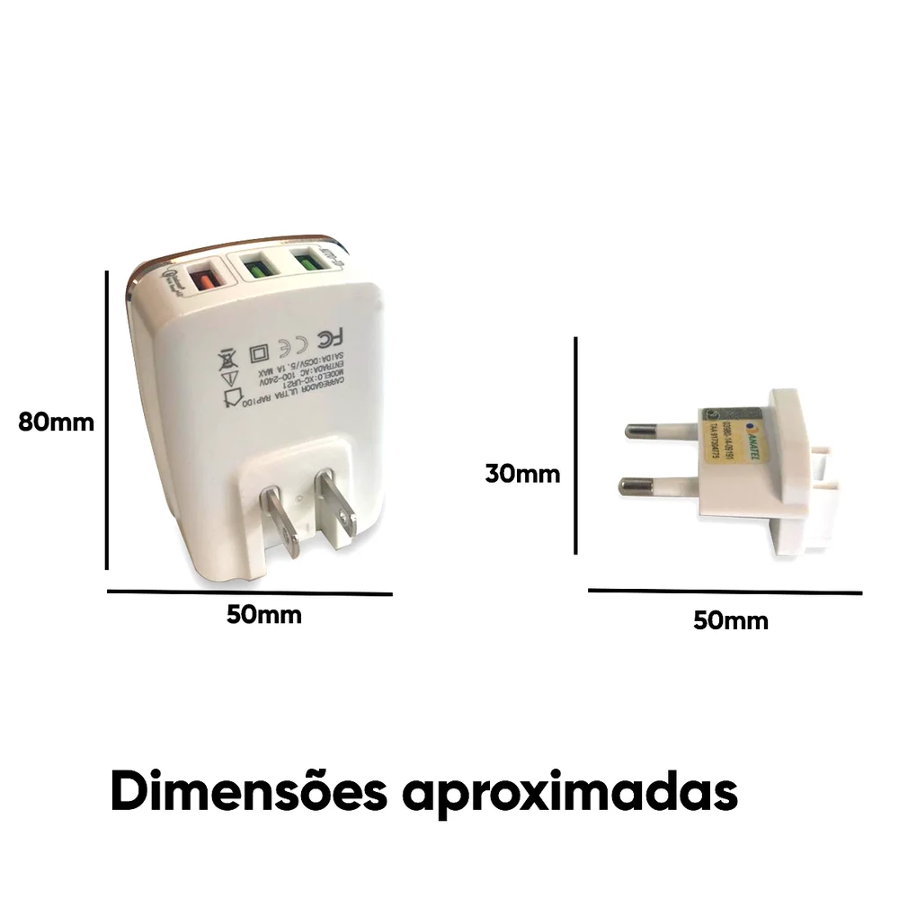 Imagem 2 de 4 do produto Carregador Rápido Smartphone Tablet De Parede 3 Usb 27w 5.1a