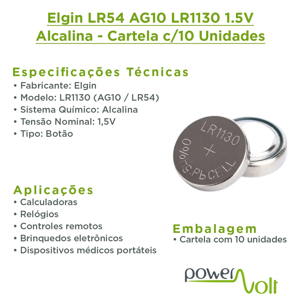 Imagem 3 de 5 do produto Bateria Alcalina Elgin  LR54 - AG10 / LR1130, 82254, Cartela Com 10 Unidades