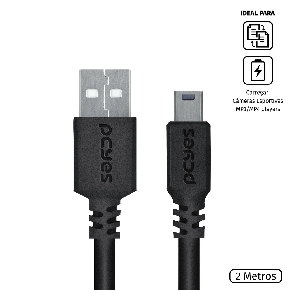 Imagem 5 de 5 do produto Cabo Usb A 2.0 Macho Para Mini Usb B Macho 28awg Puro Cobre 2 Metros - Puanm2-2