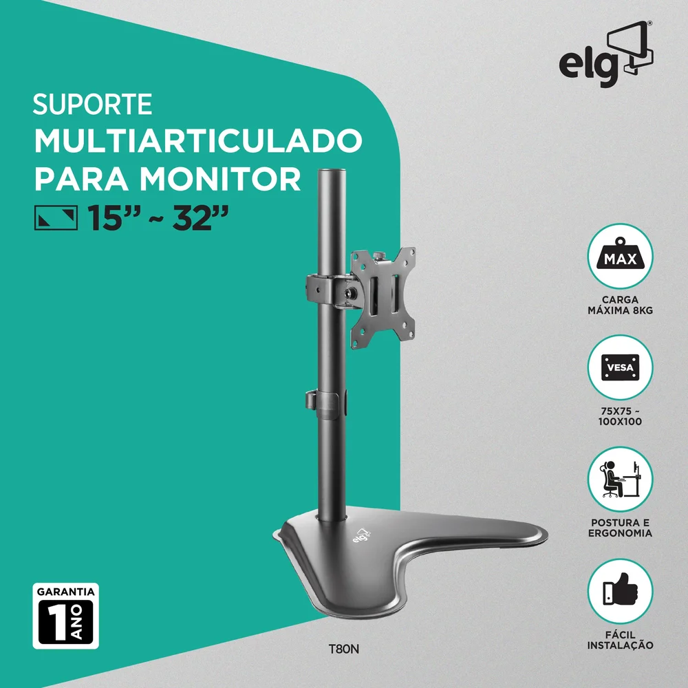 Imagem 2 de 5 do produto Suporte Ergonômico Articulado De Mesa, Monitor 15" A 32", Ajuste De Altura, Até 8kg, Giro 360°, Preto, T80n, Elg