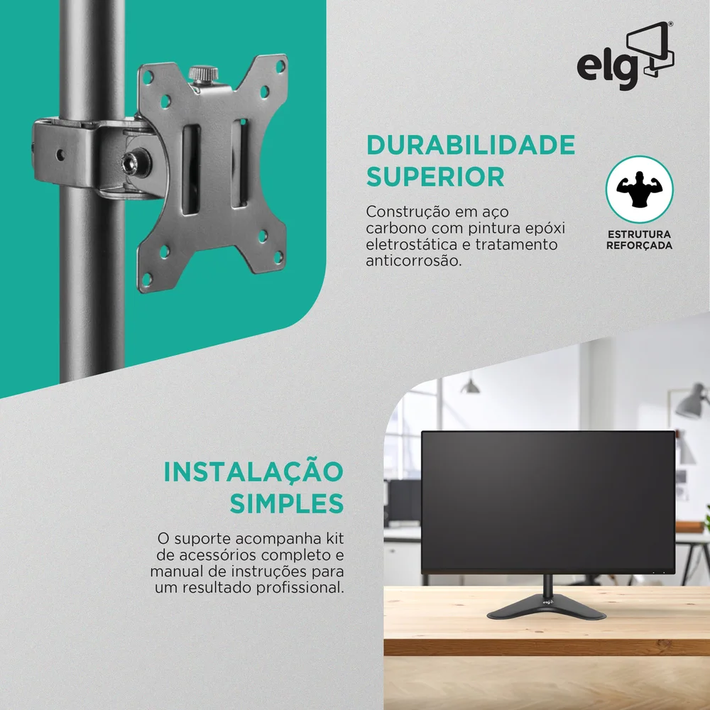 Imagem 3 de 5 do produto Suporte Ergonômico Articulado De Mesa, Monitor 15" A 32", Ajuste De Altura, Até 8kg, Giro 360°, Preto, T80n, Elg