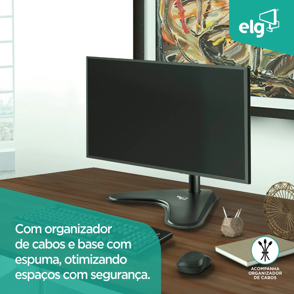 Imagem 4 de 5 do produto Suporte Ergonômico Articulado De Mesa, Monitor 15" A 32", Ajuste De Altura, Até 8kg, Giro 360°, Preto, T80n, Elg