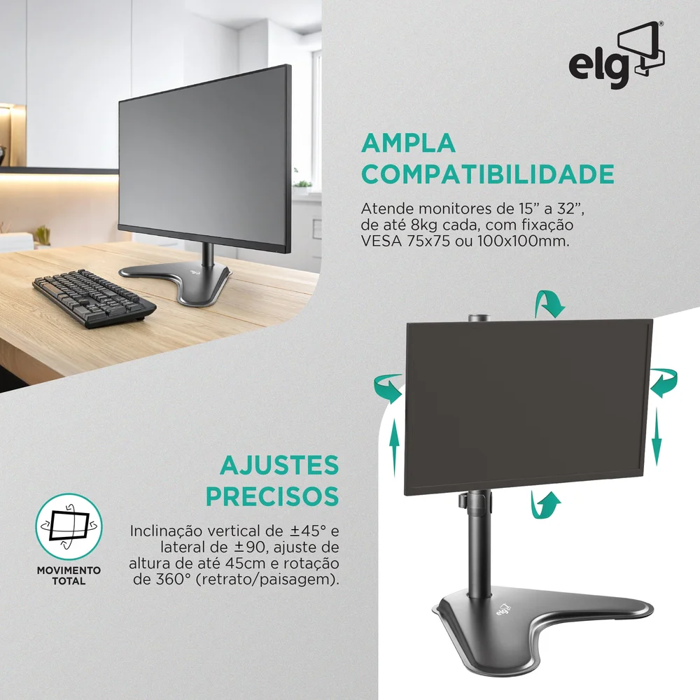 Imagem 5 de 5 do produto Suporte Ergonômico Articulado De Mesa, Monitor 15" A 32", Ajuste De Altura, Até 8kg, Giro 360°, Preto, T80n, Elg