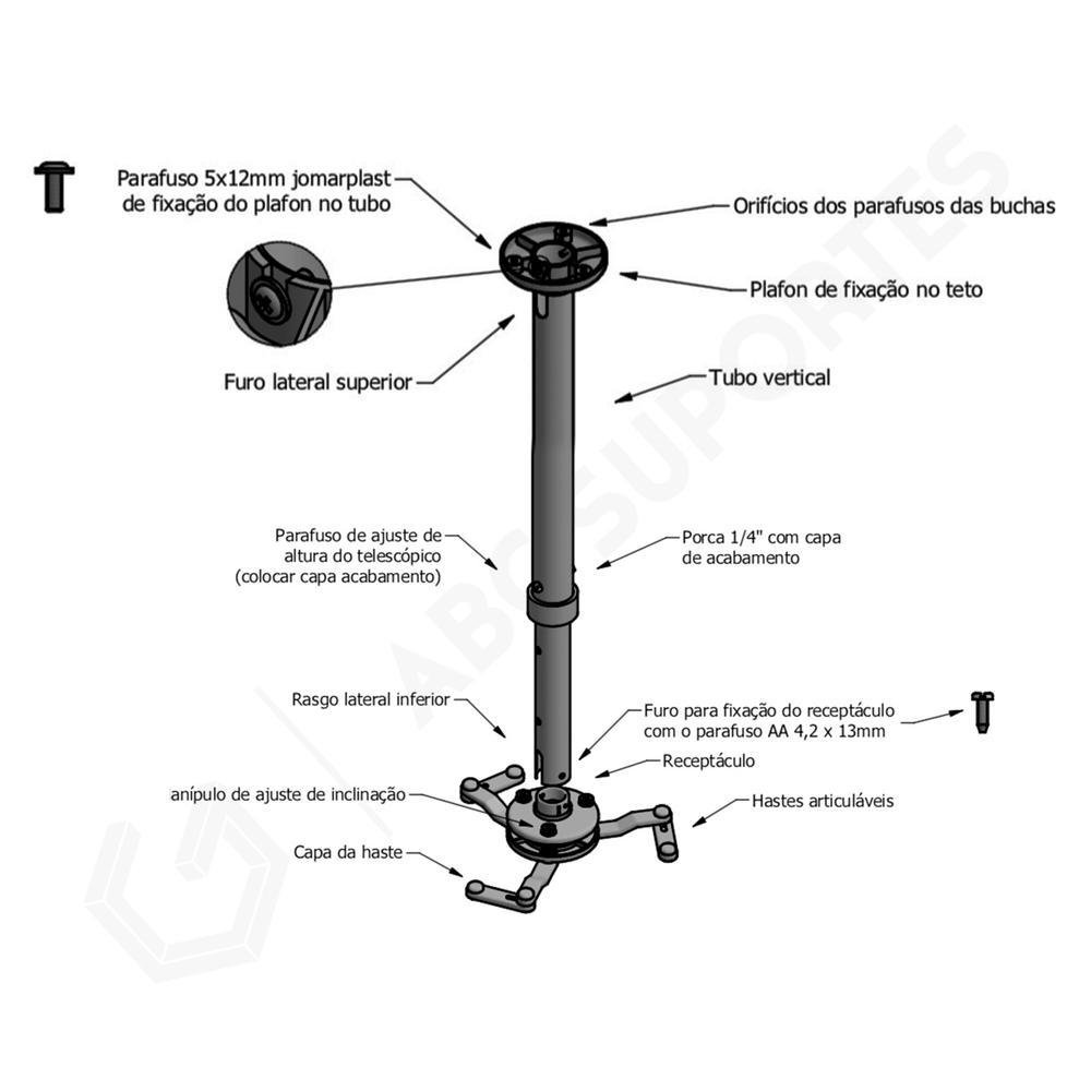 Imagem 3 de 4 do produto Suporte Projetor Teto Ajustável 50/75cm Stpe-5075t-w  Branco Avatron