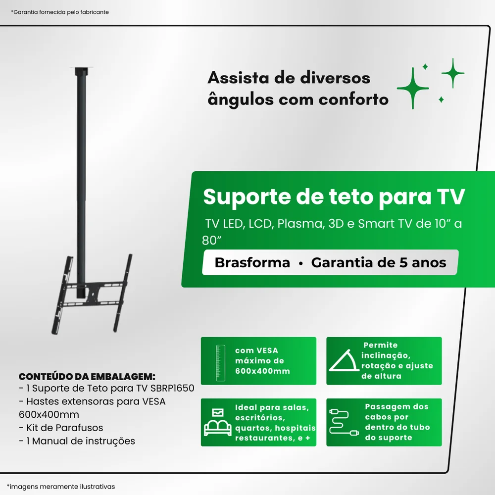 Imagem 5 de 5 do produto Suporte De Teto Para Tv 10” A 80”  Brasforma Sbrp1650 - Preto