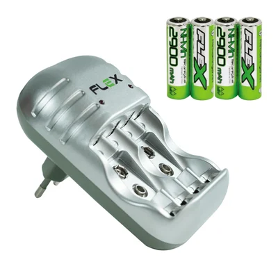 Carregador Com 4 Pilhas Recarregáveis Fx-c03 Aa Flex