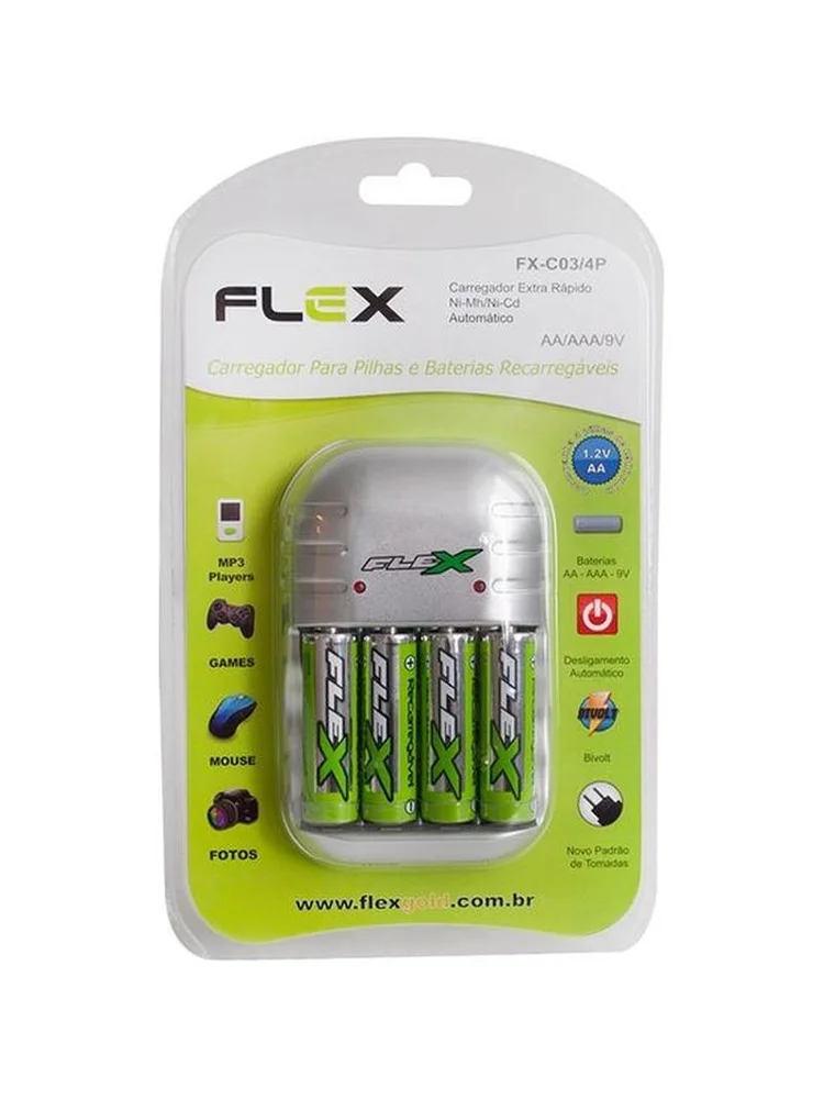 Carregador Com 4 Pilhas Recarregáveis Fx-c03 Aa Flex Carregador Com 4 Pilhas Recarregáveis Fx-c03 Aa Flex