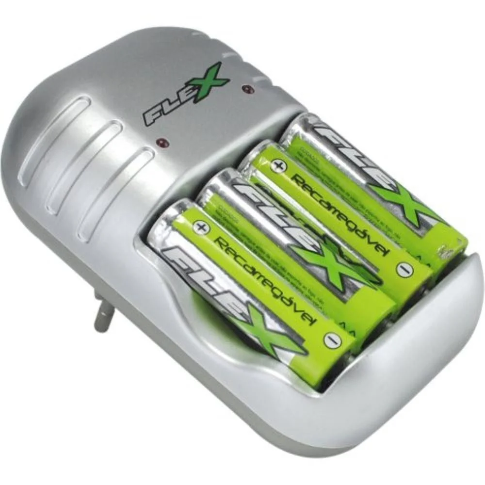 Carregador Com 4 Pilhas Recarregáveis Fx-c03 Aa Flex Carregador Com 4 Pilhas Recarregáveis Fx-c03 Aa Flex