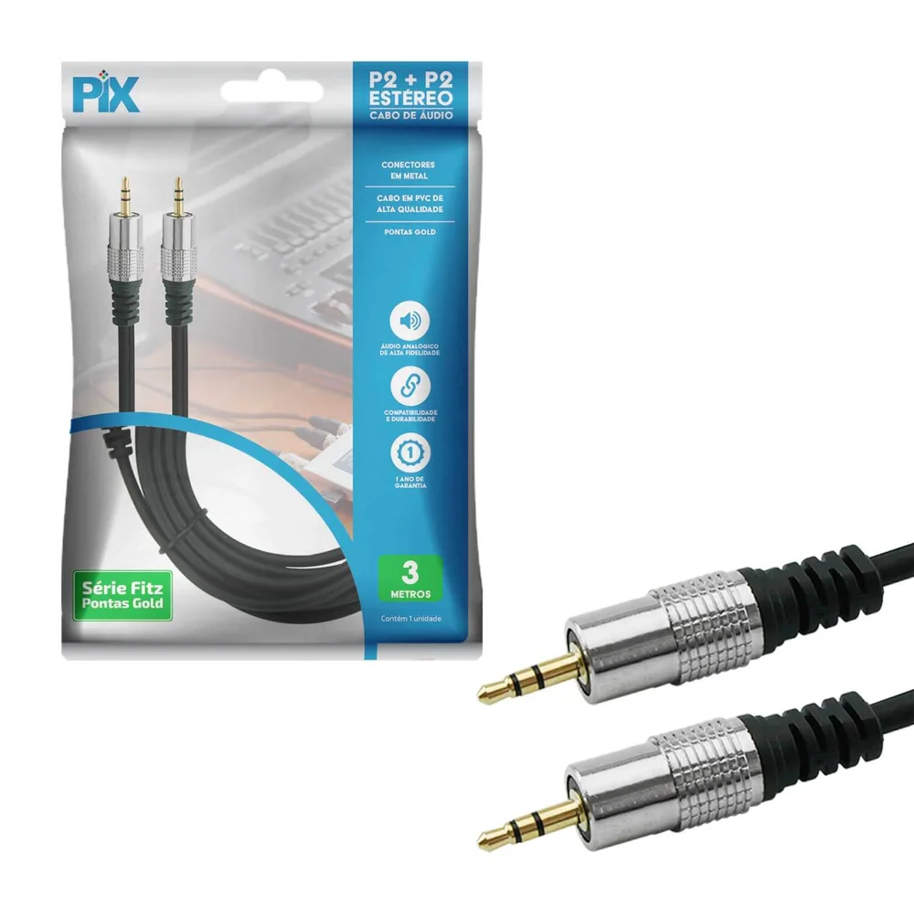 Imagem 3 de 5 do produto Cabo P2 X P2 Estéreo 3 Metros Auxiliar - Chipsce 018-0723