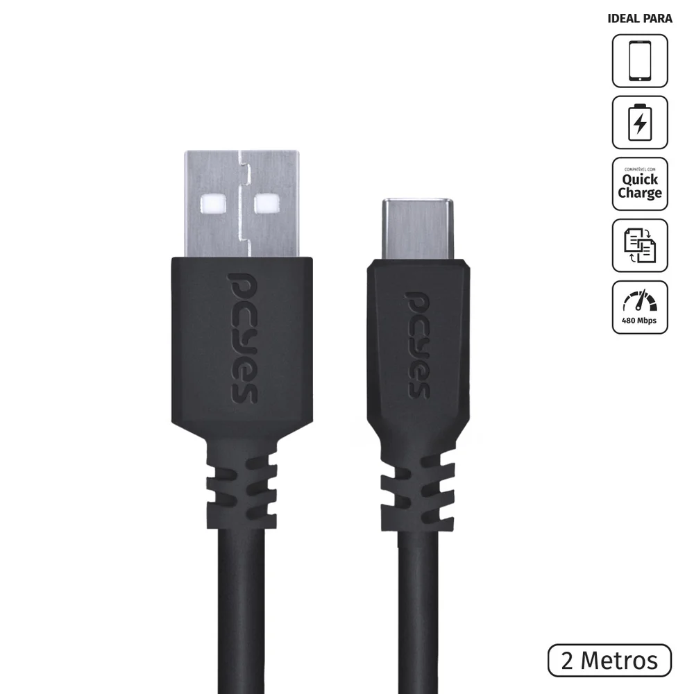 Imagem 3 de 5 do produto Cabo Para Celular Smartphone Usb A 2.0  Para Usb Tipo C Para 2 Metros Preto - Puacp-02